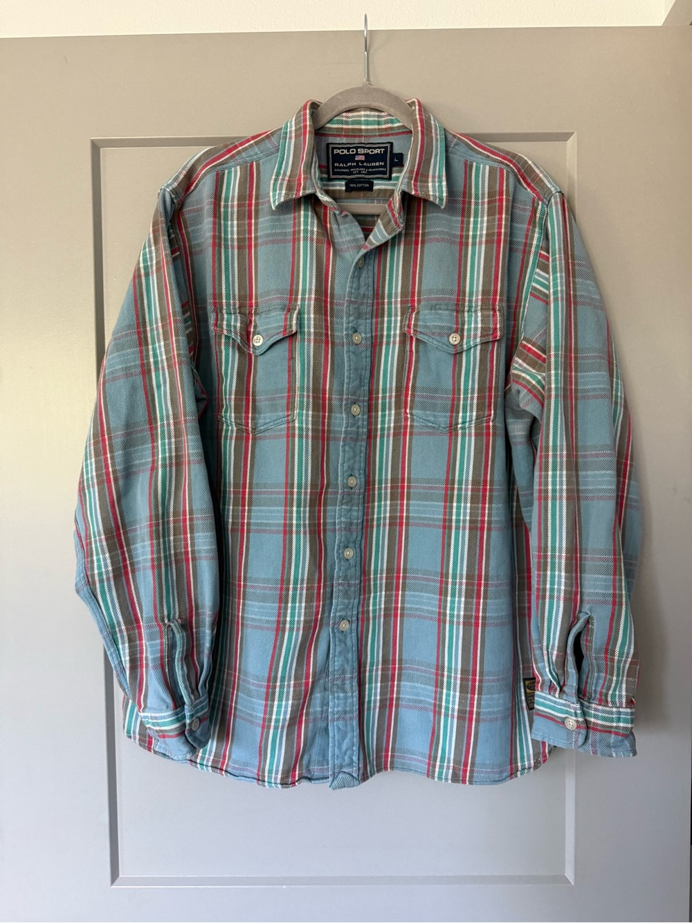 Vintage Polo Sport Ralph Lauren Work Shirt Size Large Plaid 100% Cotton Twill